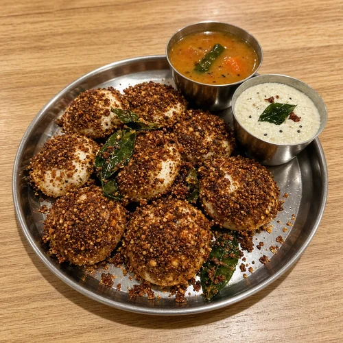 Podi idli coated in spice powder and ghee with sambar and coconut chutney