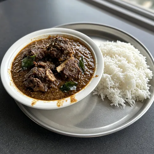 Chettinad lamb curry with bone-in pieces and curry leaves, white rice on the side