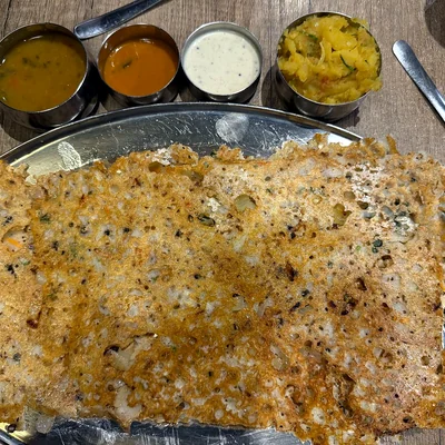 Crisp rava dosa with sambar, chutneys and potato masala