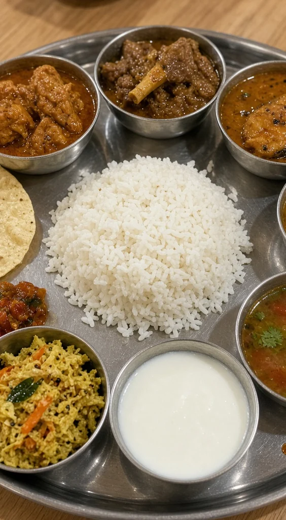 Non-veg thali with rice, chicken, mutton and fish curries, sambar, curd and pappadam