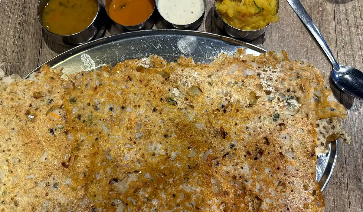 Crisp rava dosa with sambar, chutneys and potato masala
